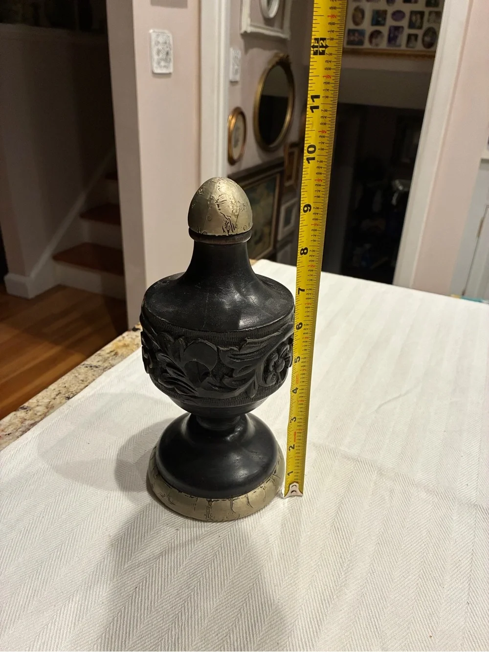 Vintage hand-carved black wood and metallic-accented decorative finial
